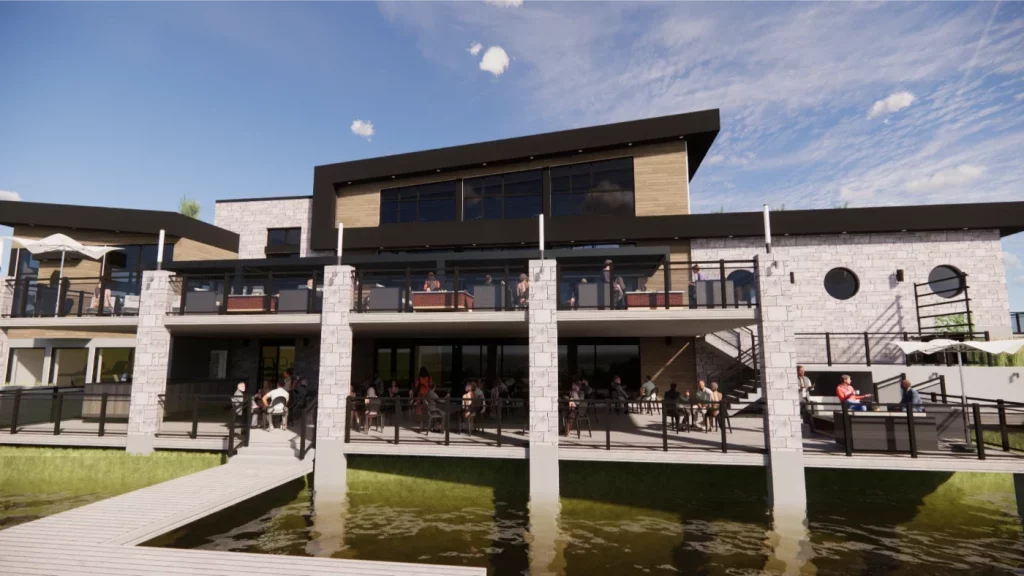 Rendering of the Viverdi Club Village clubhouse in Sherbrooke, with its waterfront terrace